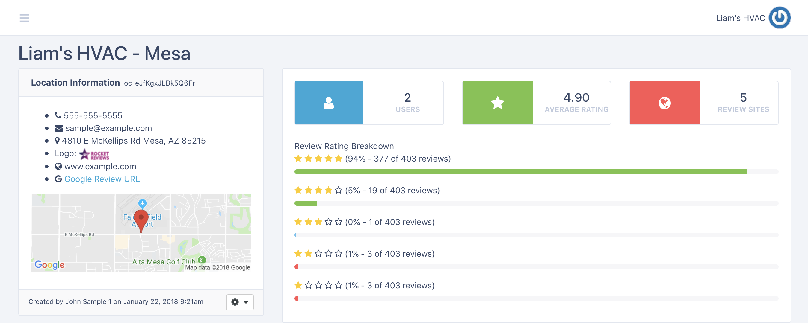 Rocket Reviews dashboard managing review sites for a location